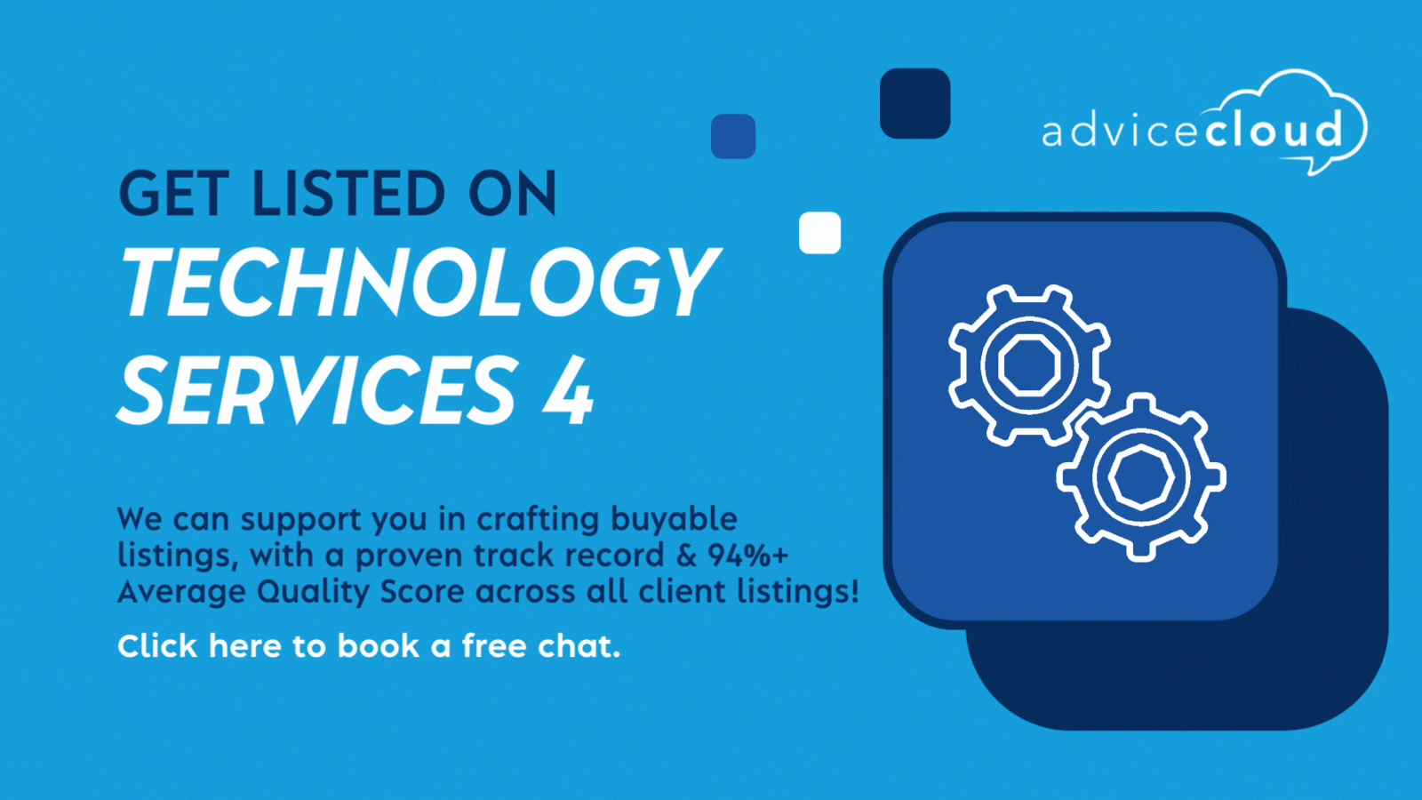 Clickable graphic directing users to a calendar link to book a free 25-minute chat with one of our experts about how we can help get you listed on Technology Services 4.