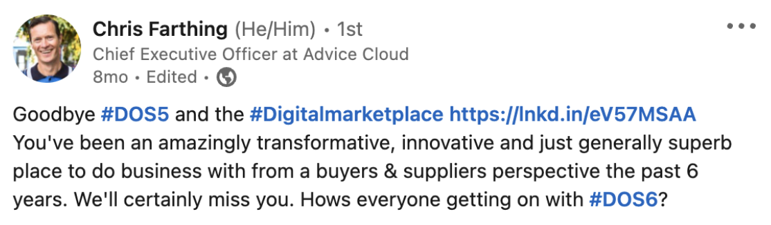 Chris Farthing's LinkedIn post saying goodbye to the Digital Marketplace. 