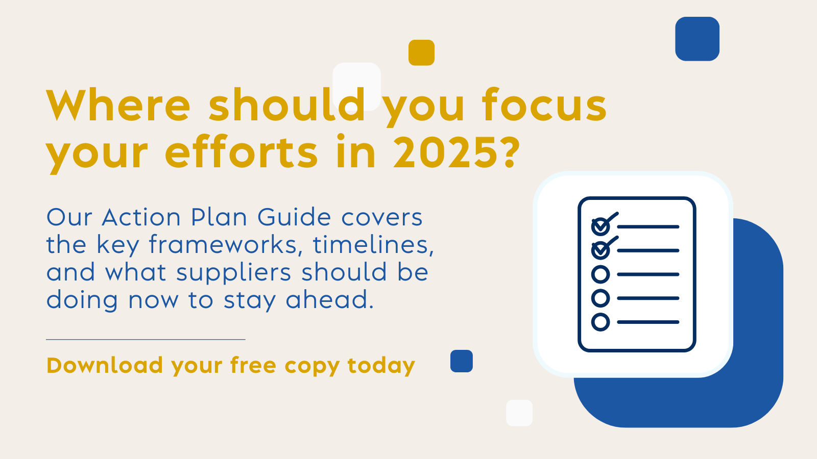 Promotional banner asking 'Where should you focus your efforts in 2025?' encouraging suppliers to download a free Action Plan Guide. Includes checklist icon and text highlighting frameworks, timelines, and strategies to stay ahead.