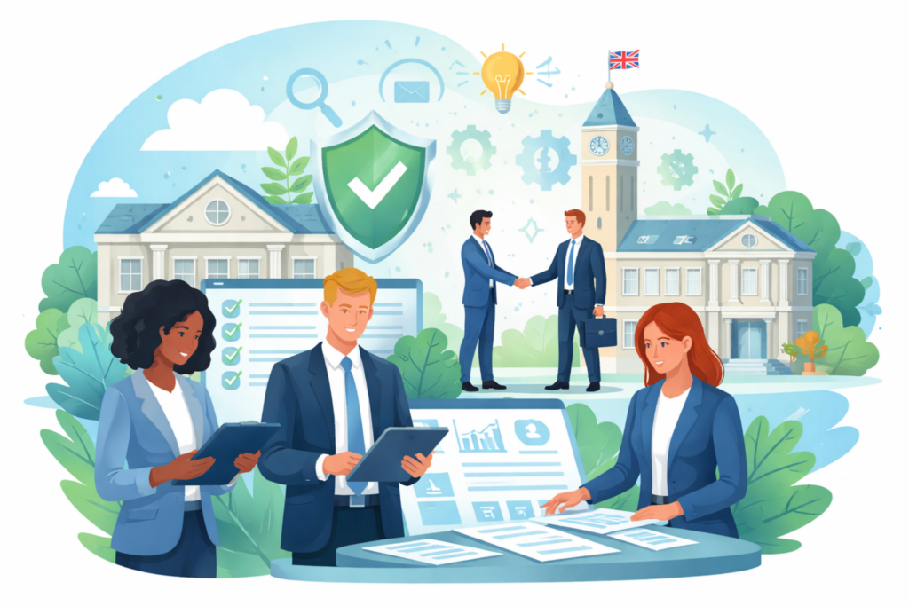 UK compliance framework illustration with business professionals and government building