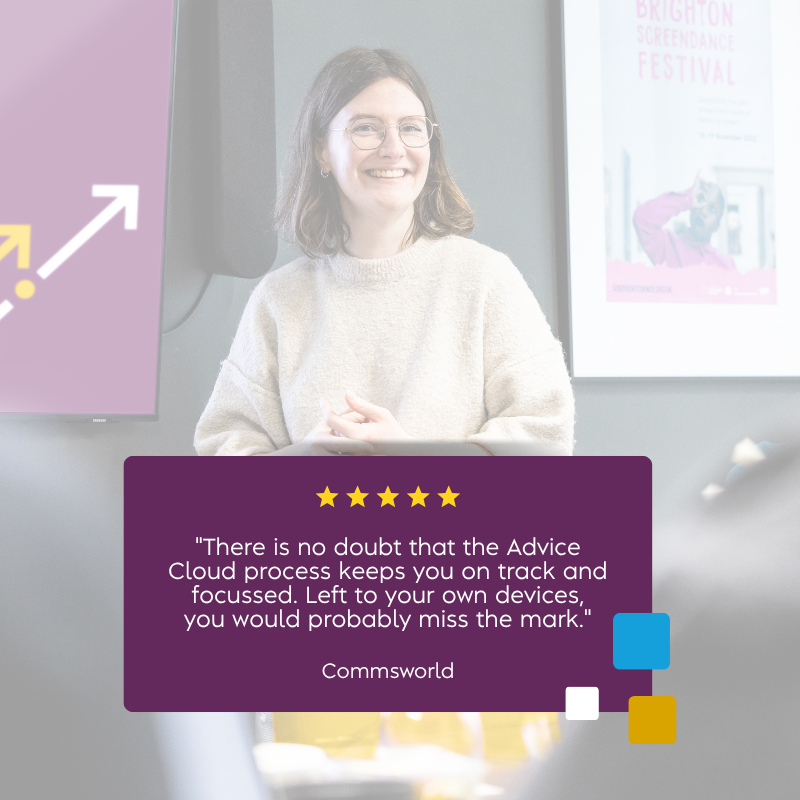 A smiling woman in a meeting room, visibly pleased with how things are going — which tracks, given the five-star Commsworld review beneath her: 