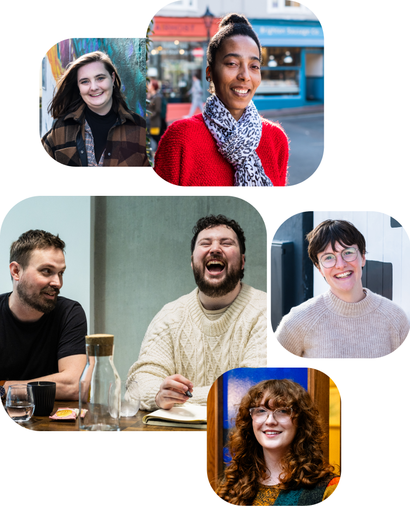A collage of five rounded photos showing Advice Cloud team members. Top: two women smiling outdoors against a colourful street backdrop. Middle row: a man in a black t-shirt smiling, a bearded man in a cream cable-knit jumper laughing openly, and a woman with short dark hair and glasses grinning. Bottom: a woman with auburn curly hair and glasses smiling warmly against a blue and gold background.